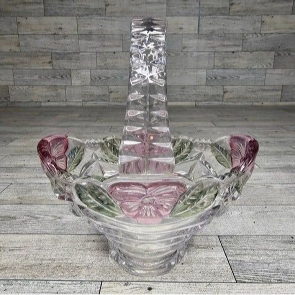Anne Hutte Bleikristall Lead Crystal Basket 24% P.bO Made in Germany Pink/Green